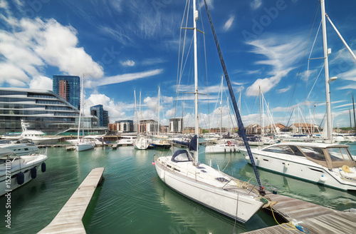 Luxury yachts and apartments at Southampton's Ocean Village marina © Peter Sterling