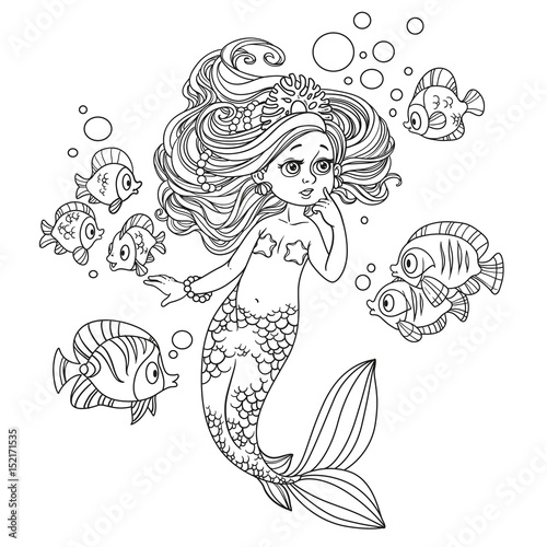 Beautiful little mermaid girl amazement communicates with the fish outlined isolated on white background