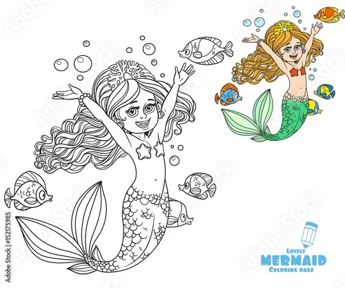 Cute happy little mermaid girl coloring page on a white background