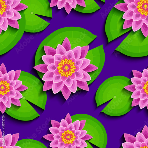 Bright seamless pattern with pink lotus and leaf