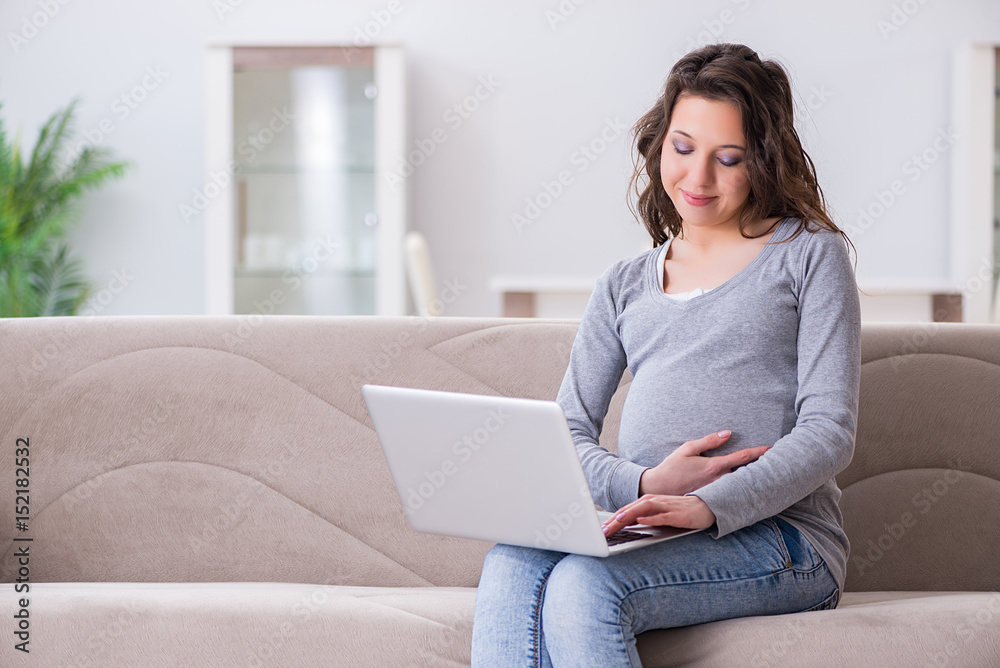 Pregnant woman working on laptop sitting on sofa Pregnant woman working on laptop sitting on sofa