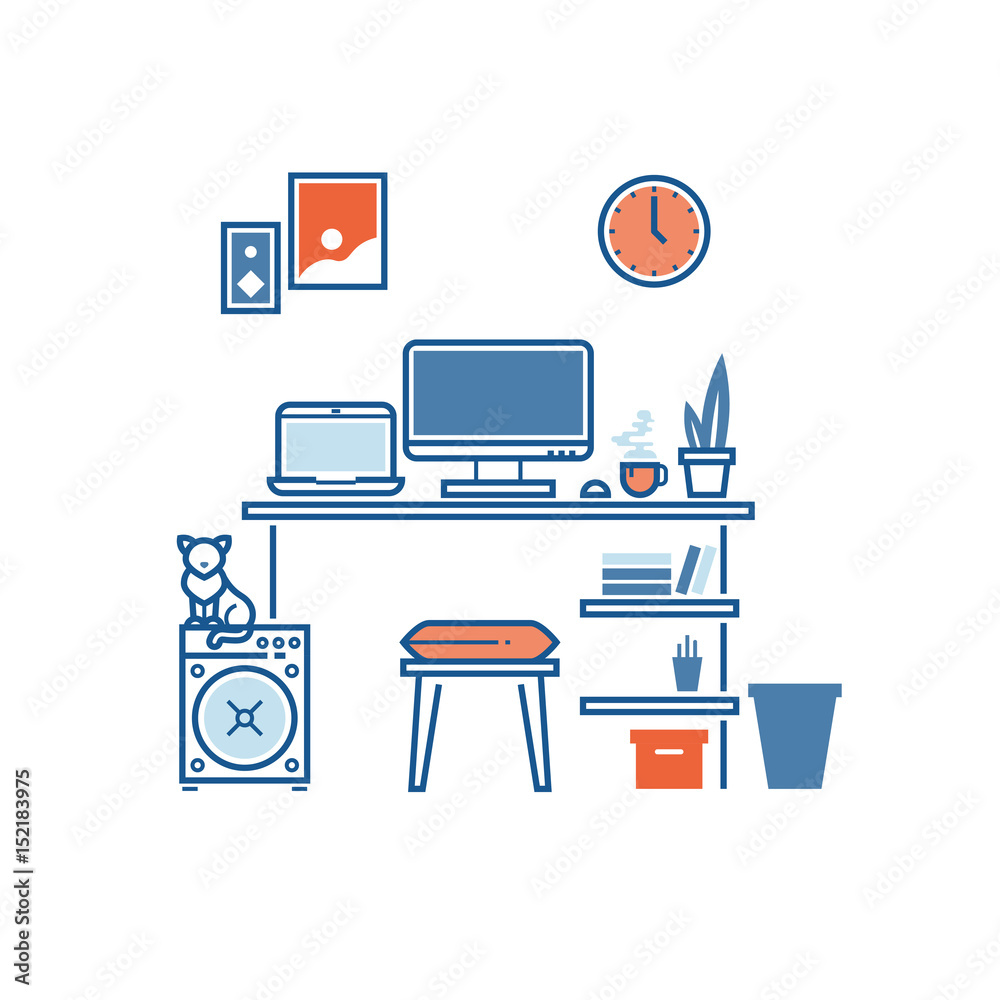 Workplace or studying place interior. Home work space concept. Modern vector thin line illustration Workplace or studying place interior. Home work space concept. Modern vector thin line illustration