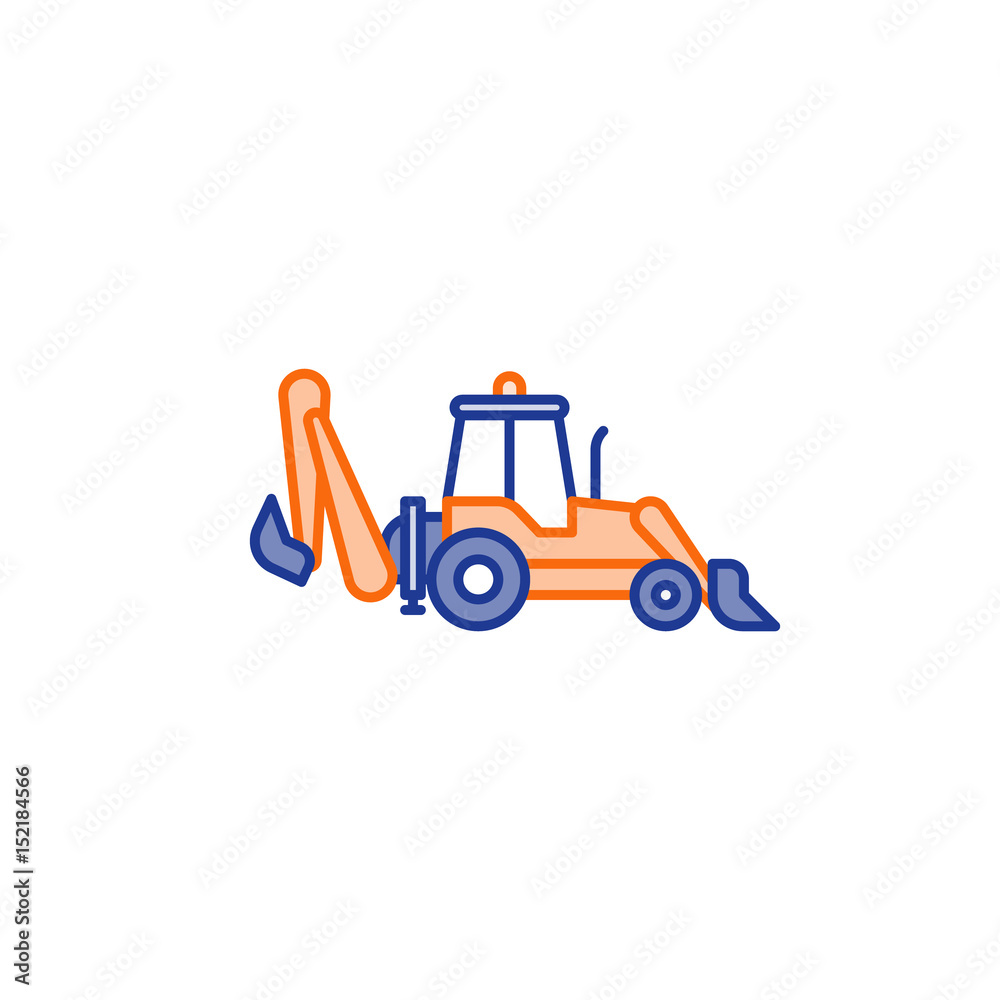 Excavator with two scoops, flat icon, construction vehicle Excavator with two scoops, flat icon, construction vehicle