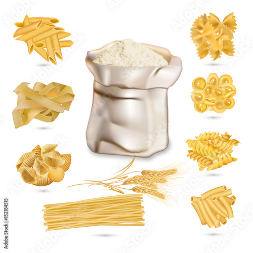 Italian Pasta Assortment. Set of different Pasta Variety type, assortment of spaghetti shells, wheat, flour, realistic icons collection, isolated on white background.