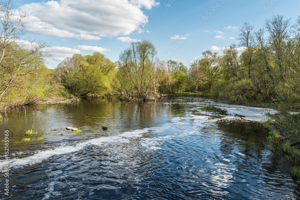 The river, the surface of the water is partially covered with foam and bubbles, on the shoreline there are trees and shrubs, a sunny day with blue sky and clouds The river, the surface of the water is partially covered with foam and bubbles, on the shoreline there are trees and shrubs, a sunny day with blue sky and clouds