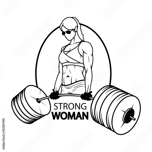 Strongman athlete. Woman with a beautiful body. Bodybuilder with a barbell. Strong power girl