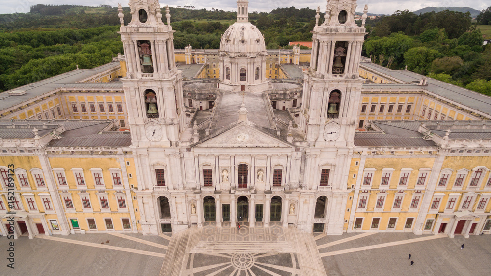 Fototapeta premium Main facade of the royal palace in Mafra, Portugal, May 10, 2017. Aerial view.