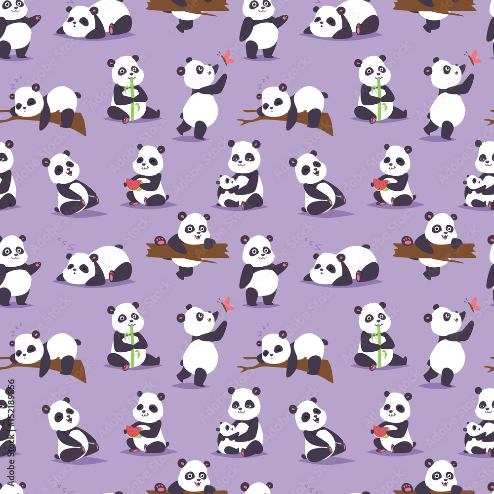 Panda bear cude character different pose vector seamless pattern