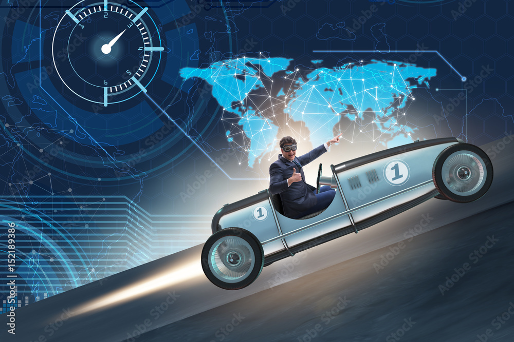 Naklejka premium Businessman riding vintage roadster in motivation concept