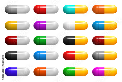 Set of medical capsules. Pills with multicolored shells. Colored objects on white background. Vector
