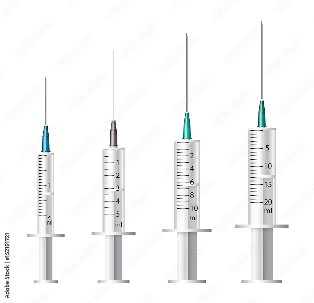 Medical syringe. Set of disposable plastic syringes of different sizes
