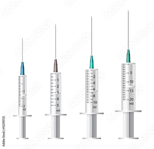 Medical syringe. Set of disposable plastic syringes of different sizes for subcutaneous and intramuscular injections. Vector .
