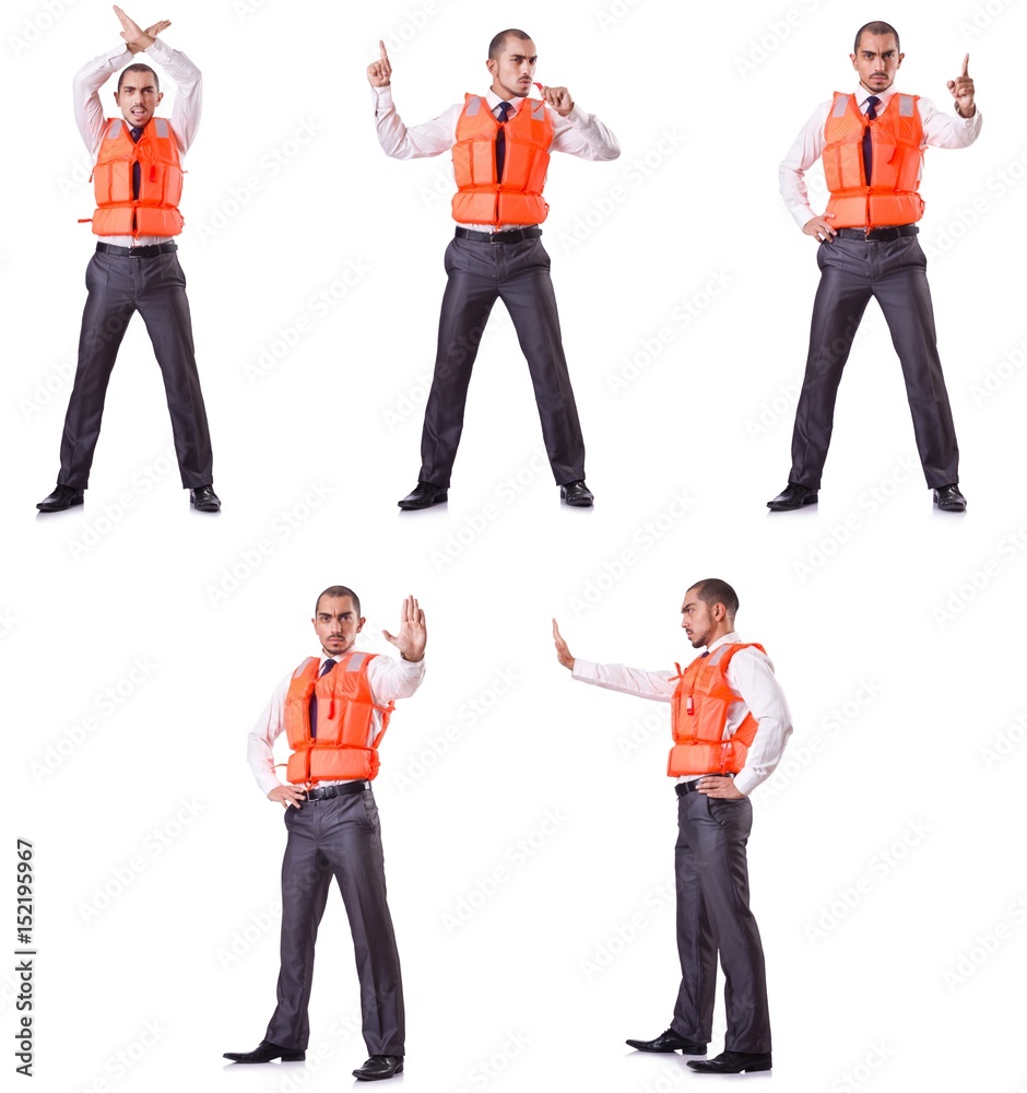 Obraz premium Businessman with rescue safety vest on white