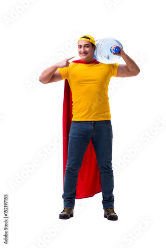 Man delivering water bottle isolated on white