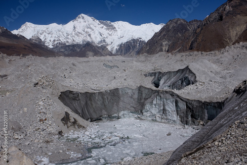 Landscape of Ngozumpa glacier with Cho Oyu, sixth highest mountain in the world photo