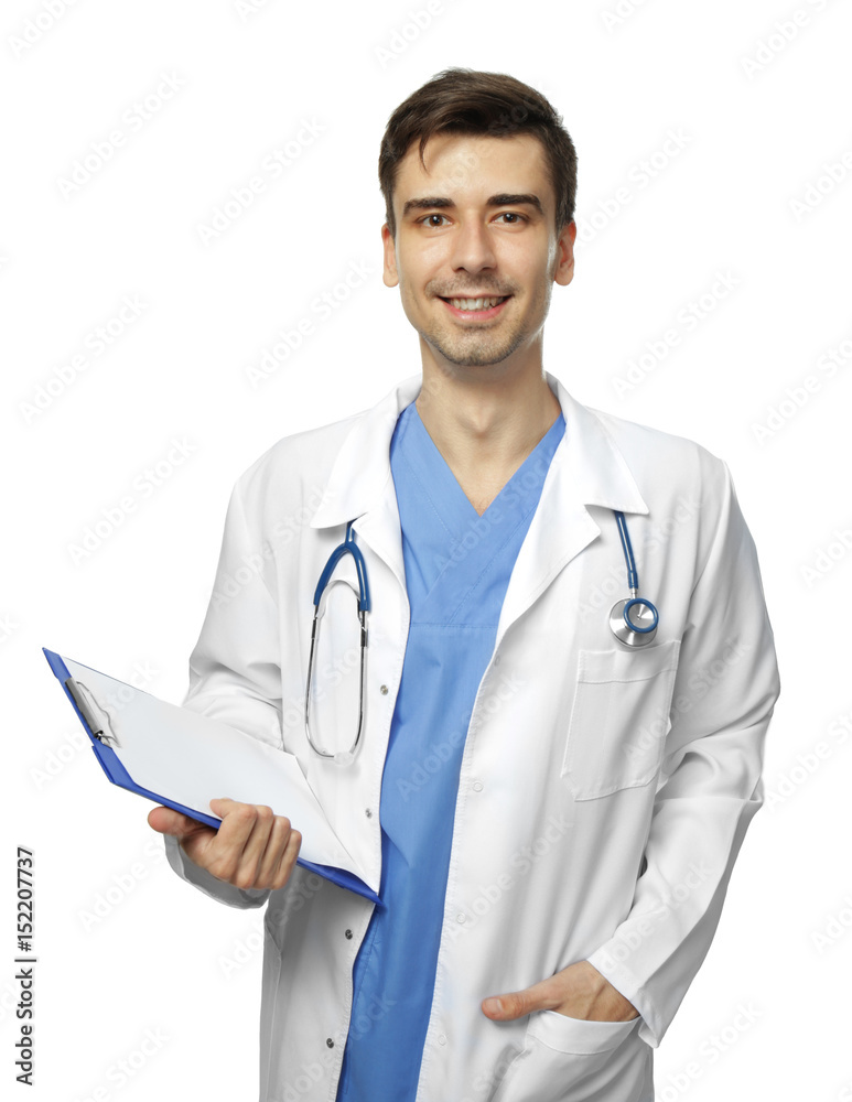 Handsome young doctor with clipboard on white background Handsome young doctor with clipboard on white background