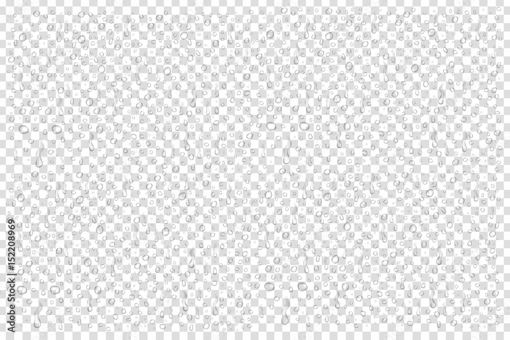 Vector set of realistic isolated water droplets on the transparent background.