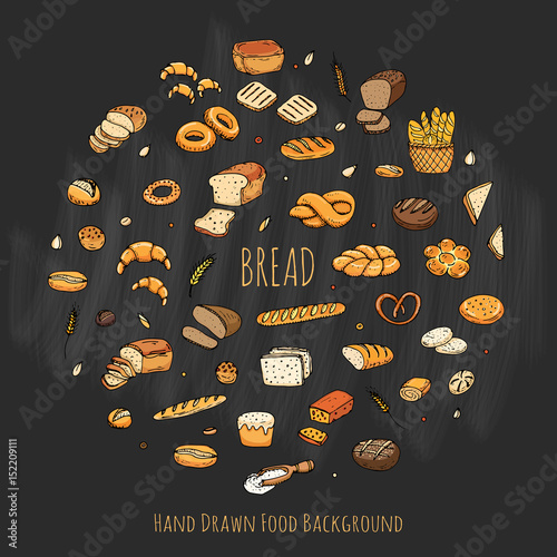 Hand drawn doodles of cartoon food: rye bread, ciabatta, whole grain bread, bagel, sliced bread, french baguette, croissant, sandwich, cake. Bread set. Vector illustration. Sketch elements collection.