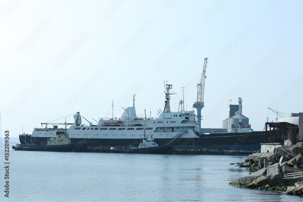 Beautiful view of ship in sea port on sunny day