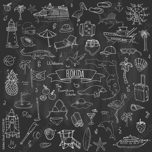Hand drawn doodle Florida icons set. Vector illustration, isolated symbols collection of USA state, Cartoon elements Alligator Manatee Yacht Cruise sheep Fishing boat Golf American football Palm trees