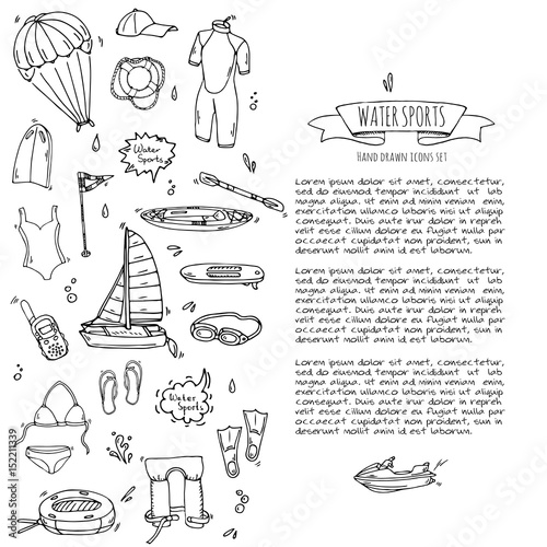 Hand drawn doodle Water sports icons set. Vector illustration, isolated symbols collection, Cartoon various elements: jetski, wakeboard, waterski, surfing, kayak, kitesurfing, paddle, parasailing