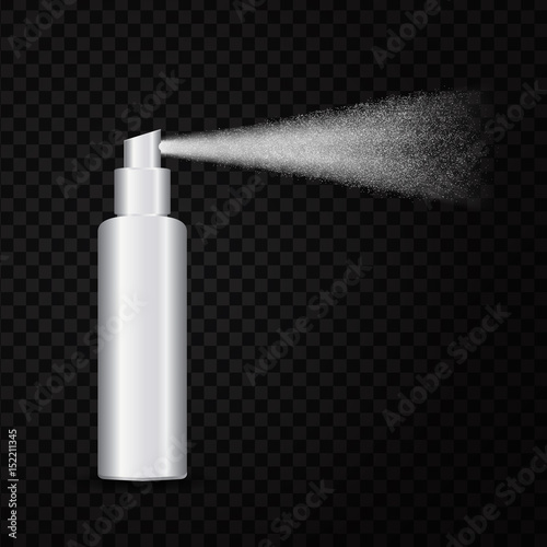 Vector realistic isolated bottle with spray effect on the transparent background. Realistic cosmetic template for design and business identity.