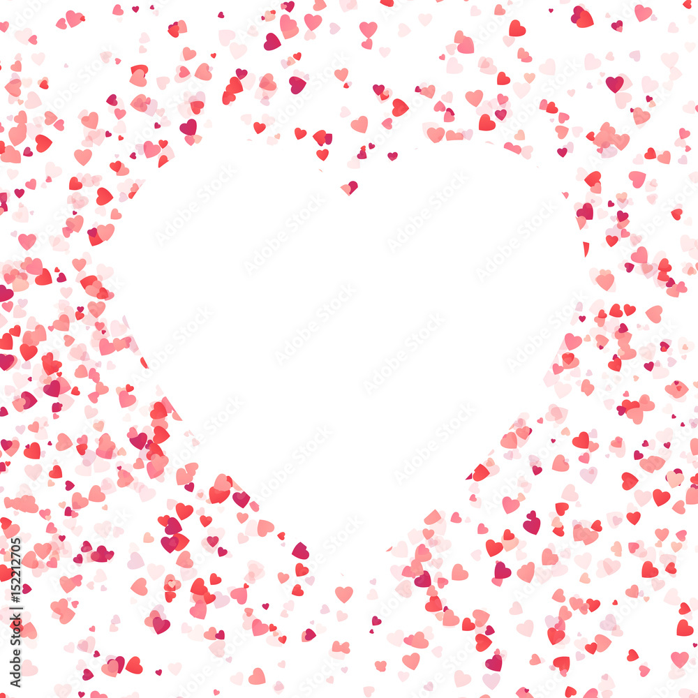 Vector isolated heart confetti frame on the white background. Concept of happy birthday, party, romantic event and holidays.