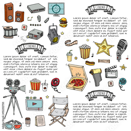 Hand drawn doodle Cinema set. Vector illustration. Movie making icons. Film symbols collection. Cinematography freehand elements: camera, film tape, photo camera, pizza, popcorn, projector, microphone