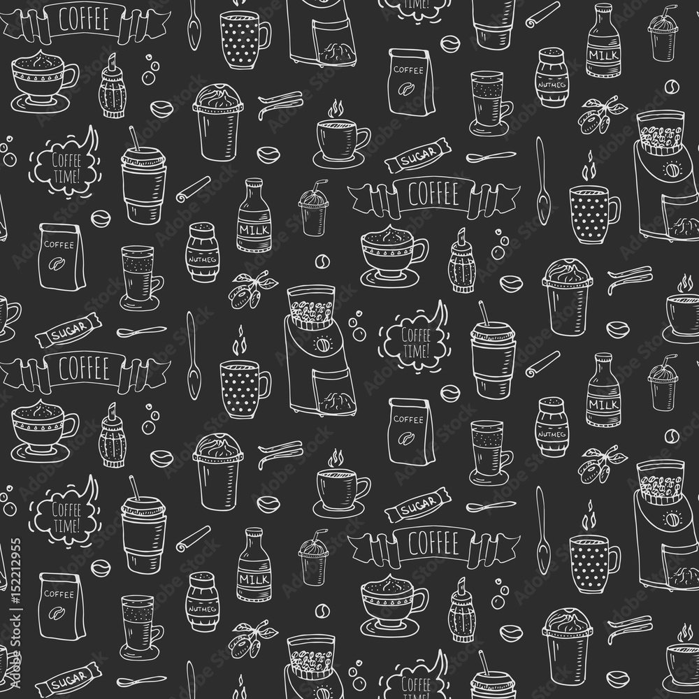 Seamless background hand drawn doodle Coffee time icons set Vector illustration isolated drink symbols collection Cartoon various beverage element: mug, cup, espresso, americano, irish, decaffeinated Seamless background hand drawn doodle Coffee time icons set Vector illustration isolated drink symbols collection Cartoon various beverage element: mug, cup, espresso, americano, irish, decaffeinated