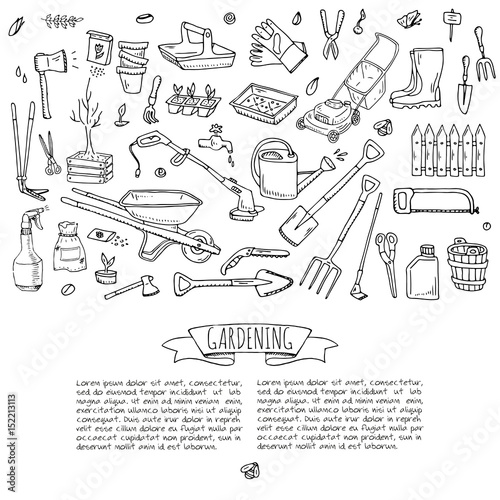 Hand drawn doodle set of Gardening icons. Vector illustration set. Cartoon Garden symbols. Sketchy elements collection: lawnmower, trimmer, spade, fork, rake, hoe, trug, wheelbarrow, hose reel.