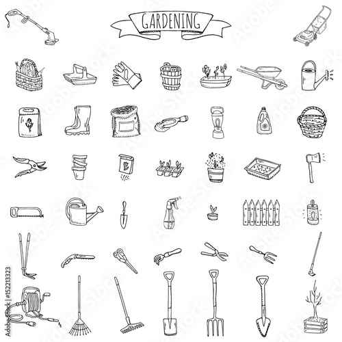 Hand drawn doodle set of Gardening icons. Vector illustration set. Cartoon Garden symbols. Sketchy elements collection: lawnmower, trimmer, spade, fork, rake, hoe, trug, wheelbarrow, hose reel.