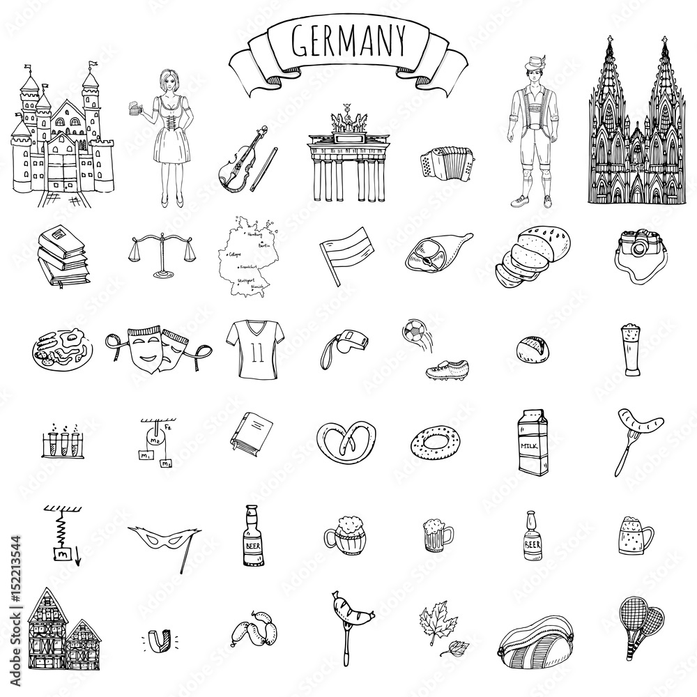 Fototapeta premium Hand drawn doodle set of Germany icons. Vector illustration set. Cartoon German landmark. Sketchy Europe travel elements collection: Sausage, Beer, Wheat bread, football, tennis, classic music, castle