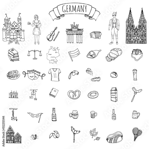 Hand drawn doodle set of Germany icons. Vector illustration set. Cartoon German landmark. Sketchy Europe travel elements collection: Sausage, Beer, Wheat bread, football, tennis, classic music, castle