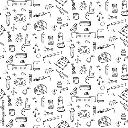Seamless pattern hand drawn doodle Medical laboratory icons set Vector illustration Chemical lab symbol collection. Cartoon medicine and healthcare elements: research tools, substance, molecules, mask