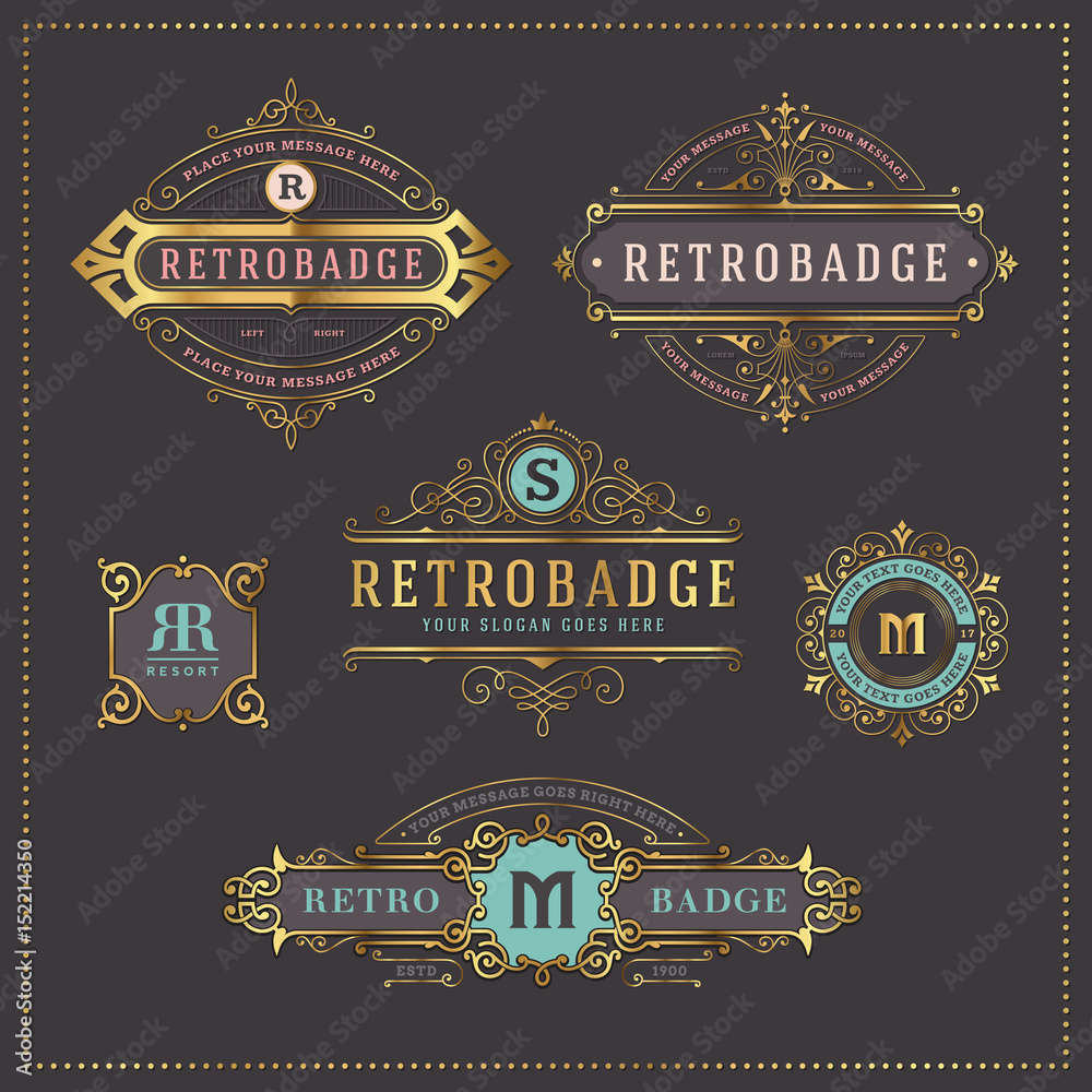 set of 6 elegant golden and pastel colored retro badges or labels - perfect as logos, for packaging and other branding purposes, greeting and invitation cards or wedding stationery