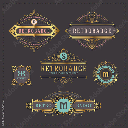 set of 6 elegant golden and pastel colored retro badges or labels - perfect as logos, for packaging and other branding purposes as well as for greeting and invitation cards photo