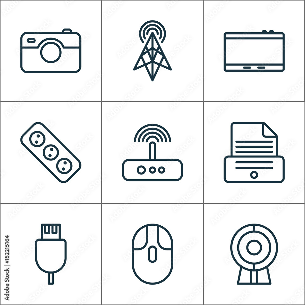 Gadget Icons Set. Collection Of Extension Cord, Gadget, Wireless Router And  Other Elements. Also Includes Symbols Such As Photo, Antenna, Tablet. Stock  Vector