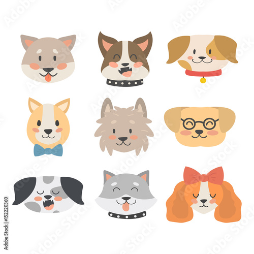 Funny cartoon dog character heads bread cartoon puppy friendly adorable canine vector illustration.