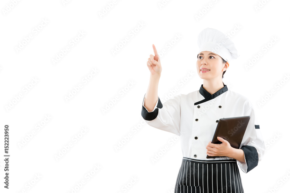 chef holding tablet pad touch screen on air chef holding tablet pad touch screen on air