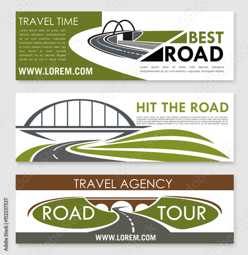 Road travel and car trip banner template set