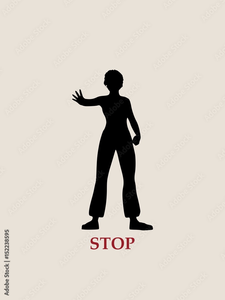 A young woman holding her hand in front to show stop gesture. Vector illustration