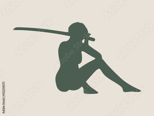 Karate martial art silhouette of woman with sword. Emotions of despair