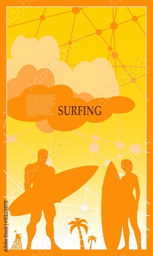 Woman and man posing with surfboard. Vintage Surfing Graphic. Palm and lifeguard tower. Brochure, report or cover design. Molecule And Communication gradient Backdrop. Connected lines and dots