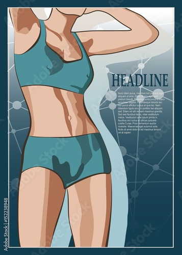 Beautiful sexy fitness girl. Pretty fit woman posing. Vector illustration. Blue swimsuit. Brochure, report or leaflet design template. Molecule And Communication Background. Connected lines with dots.