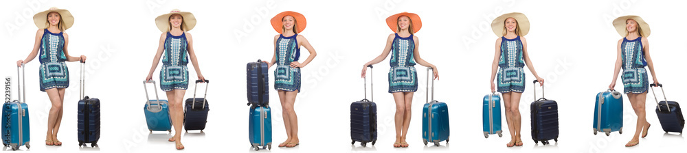 Collage of woman preparing for summer vacation isolated on white Collage of woman preparing for summer vacation isolated on white