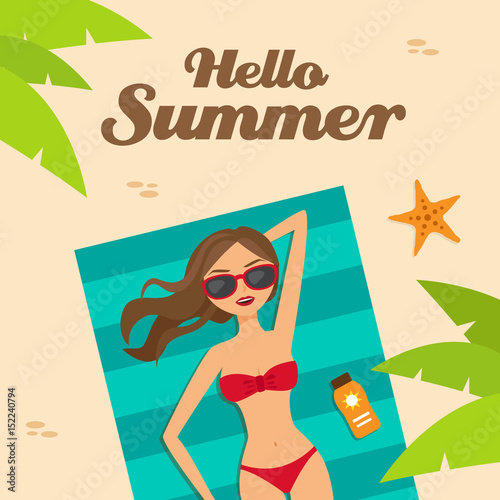 Hello summer and girl on the beach