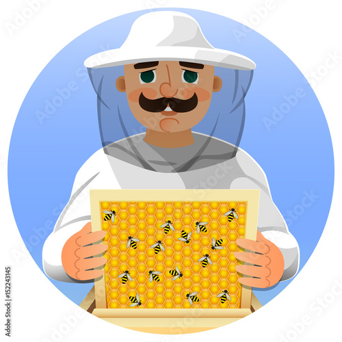 Beekeeper in a white suit. Portrait of a man in a beekeeper suit with a honeycomb frame in his hands. Vector.