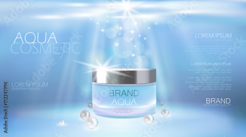 Aqua skin care creme cosmetic ad promoting poster template. Underwater deep sea blue sunlight ray pearls silver vector promo illustration 3d realistic background