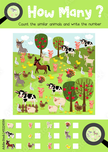 Counting game of farm animals for preschool kids activity worksheet layout in A4 colorful printable version. Vector Illustration.