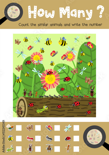 Counting game of insect bug animals for preschool kids activity worksheet layout in A4 colorful printable version. Vector Illustration.